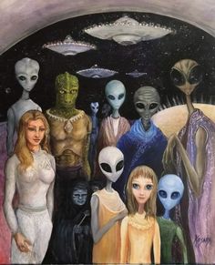 an alien family is standing in front of aliens