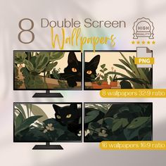 the 8 double screen wallpapers are designed to look like cartoon cats and plants