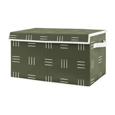 a large green storage box with white lines on the top and bottom, sitting against a white background