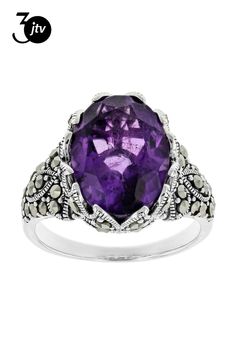 4.89ct oval African amethyst with round marcasite rhodium over sterling silver ring. Measures approximately .81"L x .59"W. Not sizeable. Ring Spacer, School Jewelry, Popular Jewelry, Womens Glasses, Jewelry Maker, Turquoise Jewelry, Purple Amethyst, Jewelry Making Beads, Online Jewelry