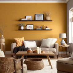 a living room with yellow walls and white carpeted flooring, two couches, a coffee table and some pictures on the wall