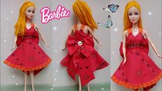 two pictures of a barbie doll wearing a red dress with orange hair and butterfly wings