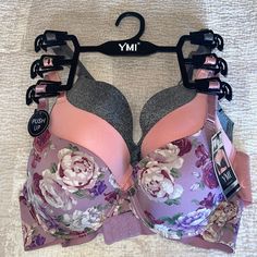 Nwt Ymi Multi Color And Solid Push Up Bras 3-Pack. Moderate Coverage And Support, Thin Adjustable Straps, Padded, Push Up Cups, Back Hook Closure. 3-Pack Includes A Purple Floral Print, A Solid Pink And A Solid Grey. Pls Note That On The Floral Print Bra There Is One Hook Missing From The Back Closure. All Other Bras Are Perfect. Size 34b Leopard Print Bra, Purple Leopard Print, Pretty Bras, Purple Floral Print, Printed Bras, Blue Bra, Purple Leopard, Sleep Wear, Black Bra