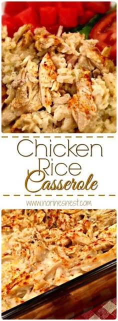 chicken rice casserole with tomatoes in the background and text that reads chicken rice casserole