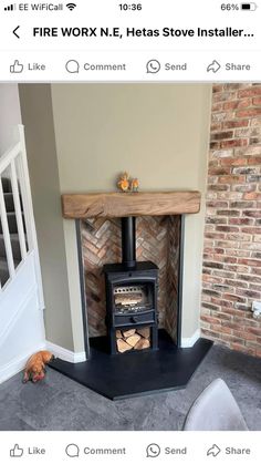 a wood burning stove in the corner of a room