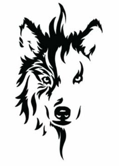 a black and white drawing of a wolf's face