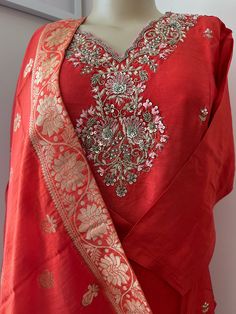 This is a beautiful 3 piece Kurta Set in Chinnon Silk  . The Kurta is lined with embroidered neckline and butti work all over the front . Dupatta for this is in Banarsi Silk with motifs all over. This is perfect addition to any special occasion or festival . Perfect for Diwali , Eid , Rakhi , Holi, Karwa Chauth, Navratri Celebrations !! Kurta Set With Dupatta, Kurti Sets, Embroidered Neckline, Kurta Set, Festival Wear, Ethnic Wear, Diwali, Occasion Wear, 3 Piece