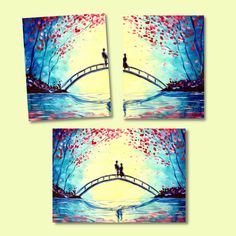 three paintings of two people standing on a bridge with trees and flowers in the background