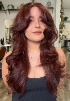 Red Hair With Brown Undertones, Dark Red Hair On Olive Skin, Deep Auburn Hair Color Copper Reddish Brown, Red Hair Different Shades, Long Auburn Hair With Highlights, Dark Auburn Hair With Bangs, Dark Auburn Hair Natural, Cherry Cola Hair Color On Pale Skin, Rosewood Hair Color