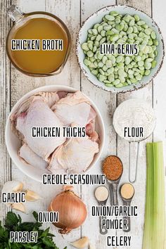 the ingredients for chicken broth are shown in bowls