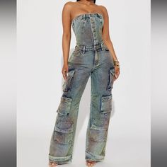 Brand New. Too Big On Me Fitted Utility Jean Overalls, Fitted Faded Pants With Pockets, Casual Fitted Brown Overalls, Fashion Nova Pants, Denim Jumpsuit, Blue Brown, Boot Cut, Fashion Nova, Short Hair