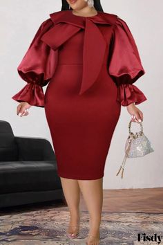 Fisdy - Clásico Vestido Rojo Sólido Patchwork Plus Size con Cuello en O y Mangas Largas Classy Office, Purple And Gold Dress, Banquet Dresses, Evening Dresses Plus Size, Red Dress Short, Bow Collar, Elegant Red, Black Midi, Patchwork Dress