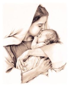 a drawing of a woman holding a baby wrapped in a blanket with her arms around her head