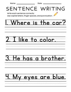 sentence writing worksheet for kids with two lines in the middle and one line at the