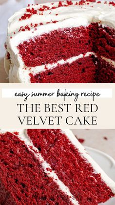 a red velvet cake with white frosting and the words, easy summer baking recipe