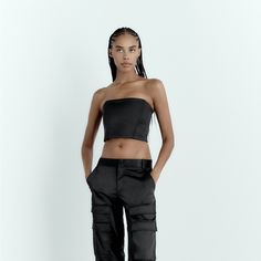 Strapless Top With Straight Neckline. Metal Hook Closures At Back. Color Black Black Bandeau For Night Out, Zara Evening Cropped Top, Zara Cropped Evening Crop Top, Zara Cropped Top For Evening, Edgy Black Strapless Top, Black Bandeau Crop Top For Evening, Black Bandeau Crop Top For Night Out, Edgy Black Strapless Crop Top, Black Zara Crop Top For Evening