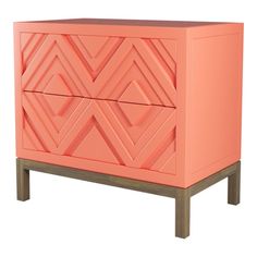 an orange cabinet with geometric designs on the front and sides, against a white background