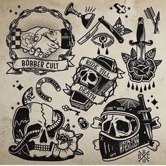 an old school tattoo design with skulls and other items