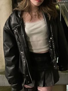 Black Mini Skirt Leather Jacket, Black Jacket Leather Outfit, Black Leather Jacket And Skirt Outfit, Black Core Outfit, Acubi Grunge Aesthetic, Black Dress With Leather Jacket Outfit, Leather Jacket Black Outfit, White Dress Black Leather Jacket, Shaggy Outfit Aesthetic