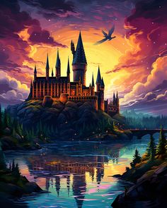 a painting of hogwarts castle in the evening with a bird flying over it