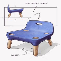 a blue plastic chair with wooden legs and holes in the seat, shown from side view