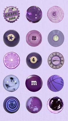 an array of purple and white buttons on a light purple background with the words grape soda written below them