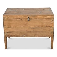 an old wooden chest with metal handles on the top and bottom, against a white background