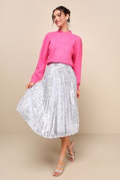 Add a little something extra to your look with the Lulus Glamorous Occasion Silver Sequin Pleated Midi Skirt! Shiny silver sequins playfully glimmer across the pleated, woven fabric of this statement-making midi skirt with a banded, high-rise waist. Hidden back zipper/clasp. For a holiday-ready look, pair this pretty piece with a snuggly knit sweater and party-starting pumps! Fit: This garment fits true to size. Length: Mid-calf length. Size medium measures 31.5" from waist to hem. Waist: Fitted Silver Midi Skirt Outfit, Barbie Litdh, Girls Weakness, Metallic Skirt Outfit, Silver Midi Skirt, Spring Skirt Outfits, Shiny Skirts, Sequined Skirt, Sparkly Skirt