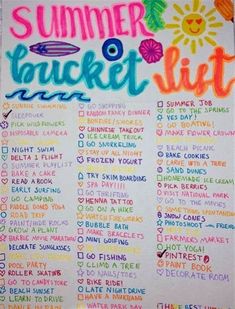 a summer bucket list is shown on a bulletin board with colorful writing and doodles