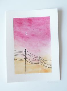 a watercolor painting of power lines and the moon in the sky with pink hues