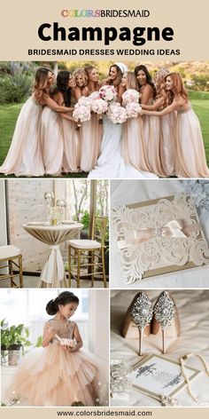 a collage of photos with bridesmaid dresses and shoes on it, including champagne colored