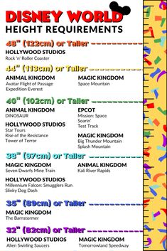 the disney world height chart for each child's height and their numbers on it