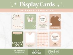 the display cards bundle is shown in pink, green and white colors with floral designs