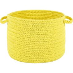 a large yellow basket with handles on the side and roped ends, in front of a white background