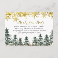 a white and gold baby shower card with trees