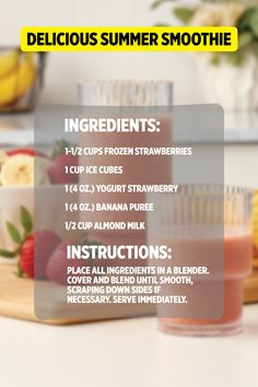 A recipe for a summer smoothie. Silk Almond Milk, Banana Puree, Yogurt Strawberry, Yoplait Yogurt, Summer Smoothies, Frozen Strawberries, Smoothie Recipe, Dollar General, Ice Cubes