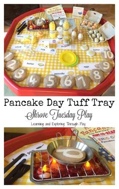 a pancake day tuff tray is shown with the words above it