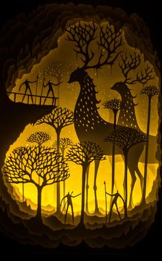 paper cut art depicting two deers in the woods at night with trees and people