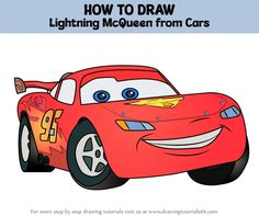 a red car with the words how to draw lightning and queen from cars on it