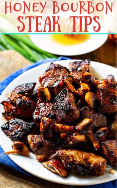 honey bourbon steak tips on a white plate