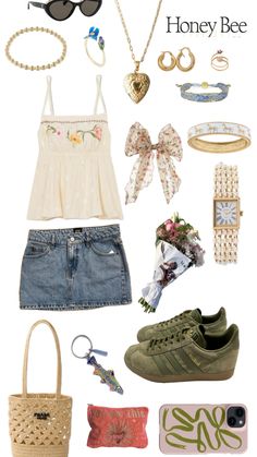 Chanel denim skirt floral adidas sambas Clothes Collage, Chanel Denim, Nerdy Outfits, Adidas Sambas, Summer Outfits 2024, Adidas Floral, European Summer Outfits, Italy Outfits, Korean Fashion Dress