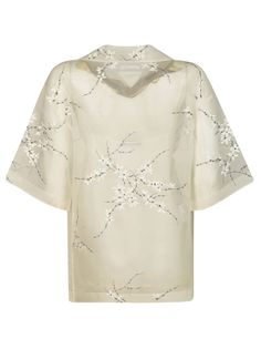 51% Silver, 25% Cotton, 24% Polyester Elegant Spring Tops With Kimono Sleeves, Cream Tops For Spring Evening, Cream Evening Tops For Spring, Cream Evening Top For Spring, Elegant Blouse With Kimono Sleeves For Spring, Spring Silk Blouse With Kimono Sleeves, Oversized Blouse, Prada Designer, Saint Laurent Shoes