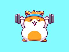 a cartoon character holding two dumbbells in one hand and wearing a cap on the other