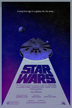 the poster for star wars is shown in purple and blue