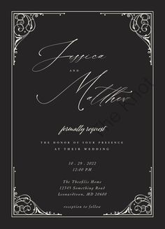 a black and white wedding card with the word fancy mother on it, in an ornate frame