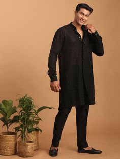 vastramay mens black sequined front open georgette kurta with pant Formal Long Sleeve Black Kurta, Luxury Black Bandhgala Straight Kurta, Black Long Sleeve Sherwani With Sequins, Full Black Kurta Pajama Men, Black Embroidered Georgette Kurta, Black Semi-stitched Jamawar Kurta, Georgette Kurta, Georgette Material, Festive Wedding