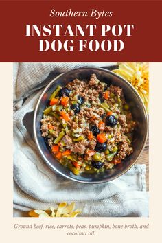 instant pot dog food in a bowl with flowers on the side and text overlay that reads instant pot dog food