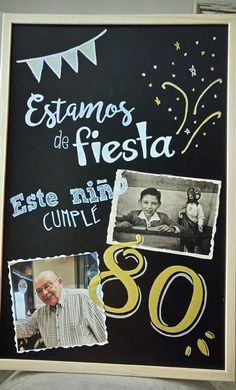 a chalk board with pictures of people and numbers on it that says estamos de fiesta