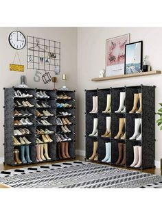 two shelving units with several pairs of shoes on them in front of a clock