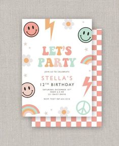 a birthday party card with smiley faces, rainbows and stars on the front is shown